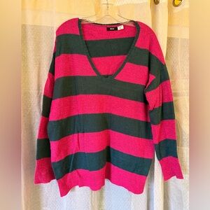 Oversized BDG V-Neck Sweater in Pink and Green Stripes